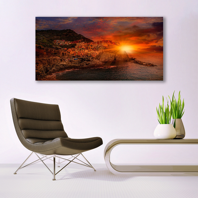 Tableaux sur toile Mer ville soleil paysage brun vert jaune