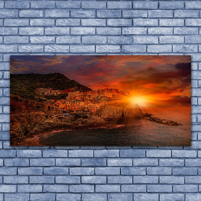 Tableaux sur toile Mer ville soleil paysage brun vert jaune