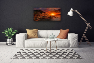Tableaux sur toile Mer ville soleil paysage brun vert jaune