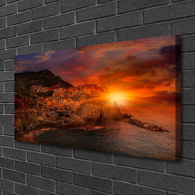 Tableaux sur toile Mer ville soleil paysage brun vert jaune