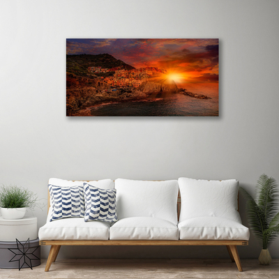 Tableaux sur toile Mer ville soleil paysage brun vert jaune