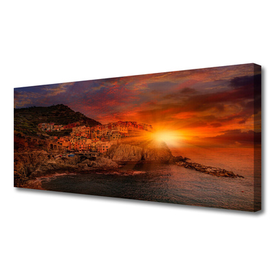 Tableaux sur toile Mer ville soleil paysage brun vert jaune