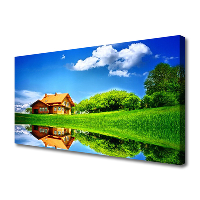 Tableaux sur toile Maison lac herbe nature brun vert bleu