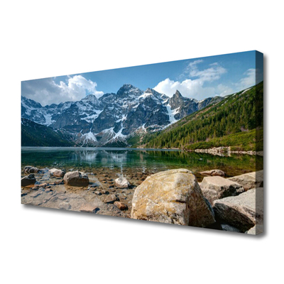 Tableaux sur toile Montagnes lac pierres paysage gris bleu vert blanc