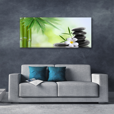 Tableaux sur toile Bambou tige fleur pierres art vert blanc noir