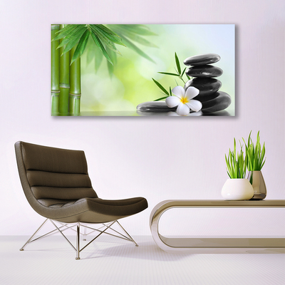 Tableaux sur toile Bambou tige fleur pierres art vert blanc noir