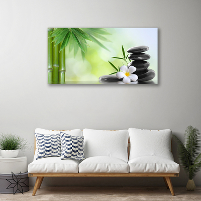 Tableaux sur toile Bambou tige fleur pierres art vert blanc noir