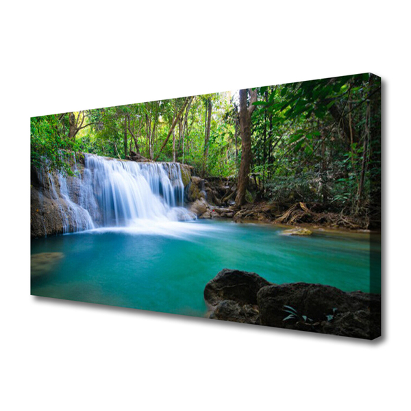 Tableaux sur toile Cascade lac forêt nature bleu brun blanc vert