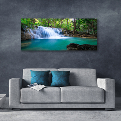 Tableaux sur toile Cascade lac forêt nature bleu brun blanc vert