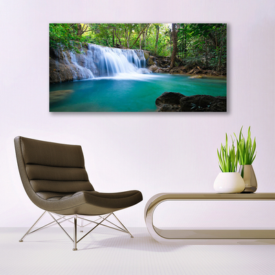 Tableaux sur toile Cascade lac forêt nature bleu brun blanc vert