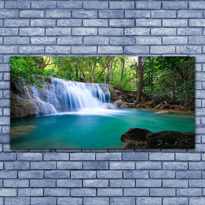 Tableaux sur toile Cascade lac forêt nature bleu brun blanc vert