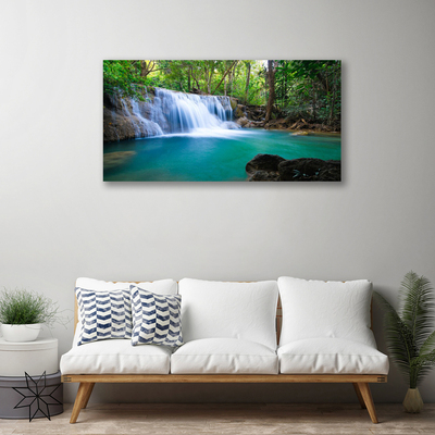 Tableaux sur toile Cascade lac forêt nature bleu brun blanc vert