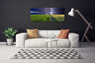 Tableaux sur toile Champ chemin foudre paysage gris vert violet blanc