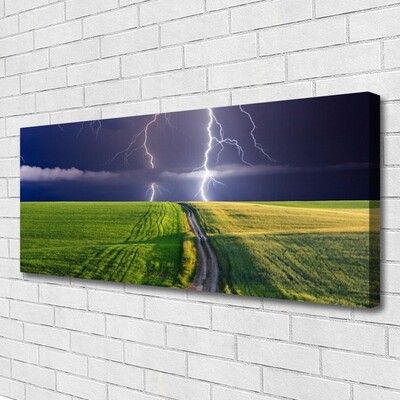 Tableaux sur toile Champ chemin foudre paysage gris vert violet blanc