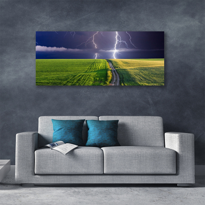 Tableaux sur toile Champ chemin foudre paysage gris vert violet blanc