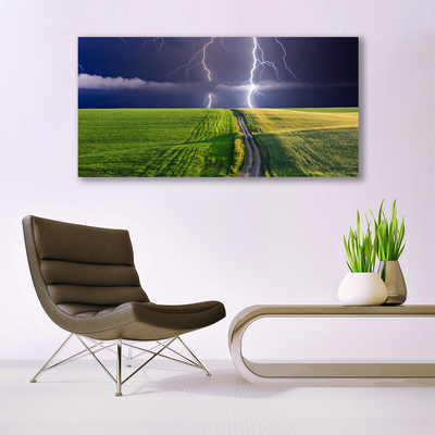 Tableaux sur toile Champ chemin foudre paysage gris vert violet blanc