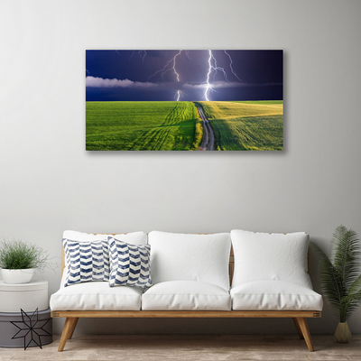 Tableaux sur toile Champ chemin foudre paysage gris vert violet blanc