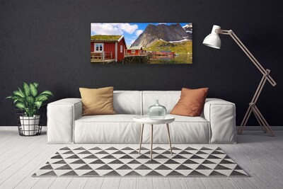 Photo sur toile Maisons lac montagne paysage brun blanc vert gris