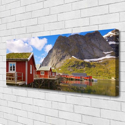 Photo sur toile Maisons lac montagne paysage brun blanc vert gris