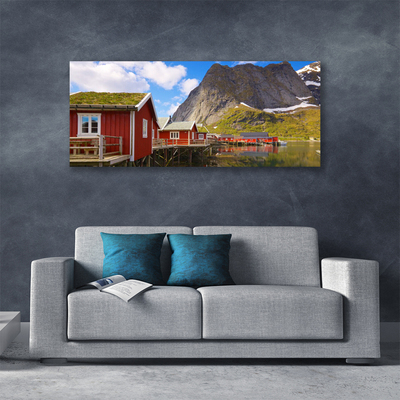 Photo sur toile Maisons lac montagne paysage brun blanc vert gris
