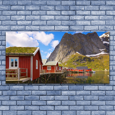 Photo sur toile Maisons lac montagne paysage brun blanc vert gris