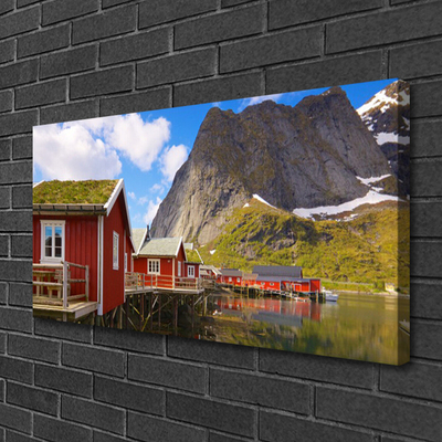 Photo sur toile Maisons lac montagne paysage brun blanc vert gris