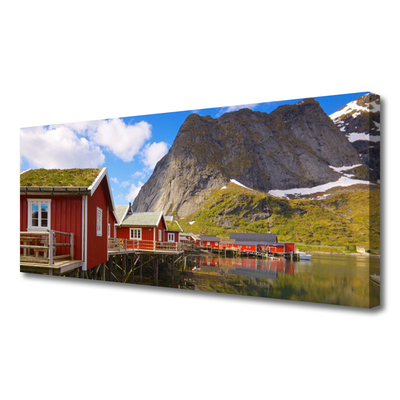 Photo sur toile Maisons lac montagne paysage brun blanc vert gris