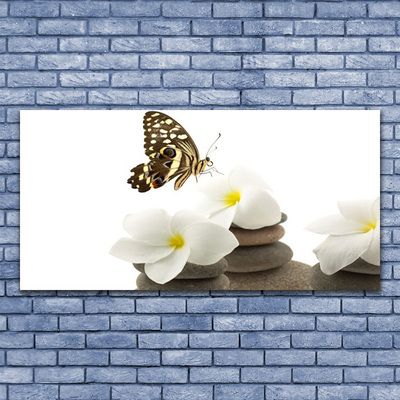 Photo sur toile Papillon fleurs pierres floral vert blanc gris