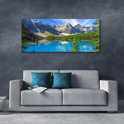 Photo sur toile Lac montagnes forêt paysage bleu vert gris blanc
