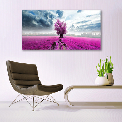 Photo sur toile Prairie arbre nature rose bleu blanc