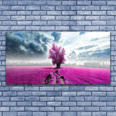 Photo sur toile Prairie arbre nature rose bleu blanc