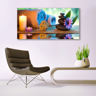 Photo sur toile Bougies pierres fleurs art jaune noir violet gris