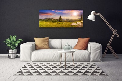 Photo sur toile Pierres prairie soleil montagne nature jaune vert brun