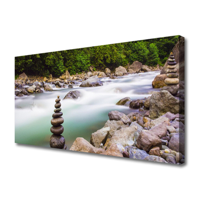 Photo sur toile Forêt pierres lac paysage vert blanc gris brun