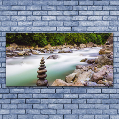 Photo sur toile Forêt pierres lac paysage vert blanc gris brun