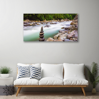 Photo sur toile Forêt pierres lac paysage vert blanc gris brun