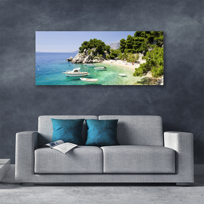 Photo sur toile Mer rochers plage bateau paysage bleu blanc vert gris