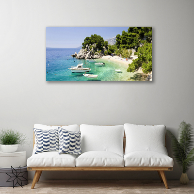 Photo sur toile Mer rochers plage bateau paysage bleu blanc vert gris