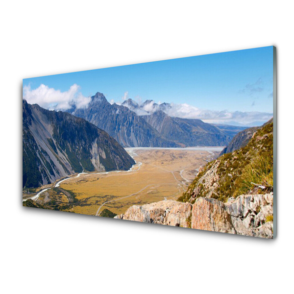 Image sur verre Tableau Montagnes vallée paysage bleu brun