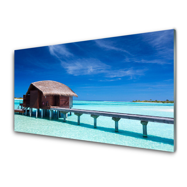 Image sur verre Tableau Maison plage mer du sud architecture bleu brun