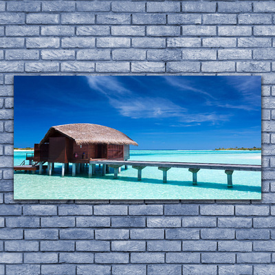 Image sur verre Tableau Maison plage mer du sud architecture bleu brun