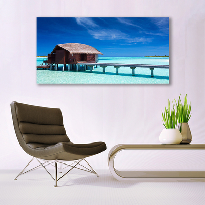 Image sur verre Tableau Maison plage mer du sud architecture bleu brun