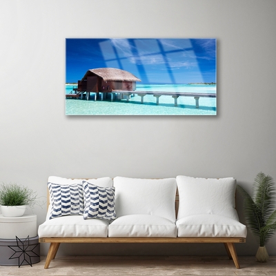 Image sur verre Tableau Maison plage mer du sud architecture bleu brun