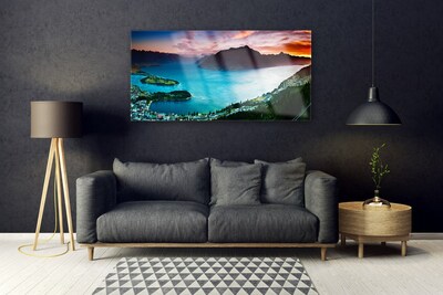 Image sur verre Tableau Fiord péninsule montagnes paysage bleu noir rouge