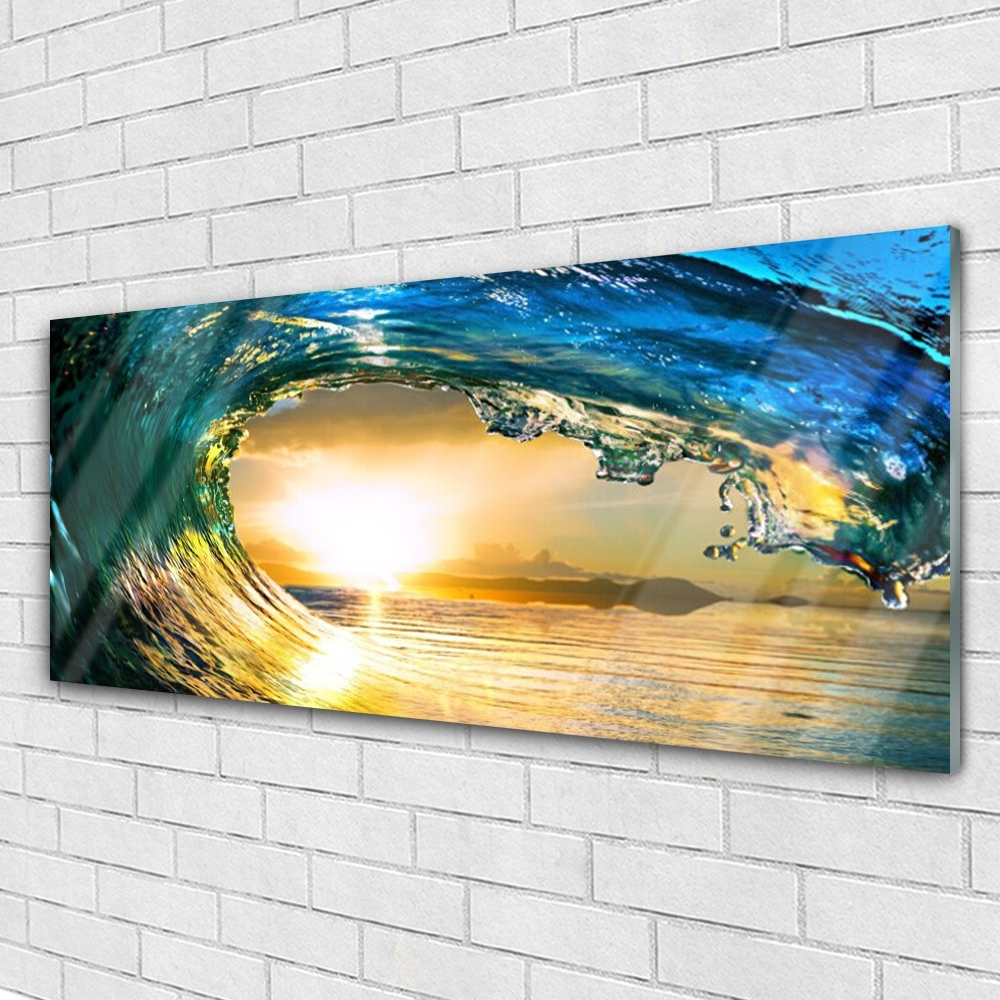 Toile Murale Lever Du Soleil Japonais - Décor Abstrait Vagues Océan, Rouge Gris Bleu, Imperméable, Sans Cadre