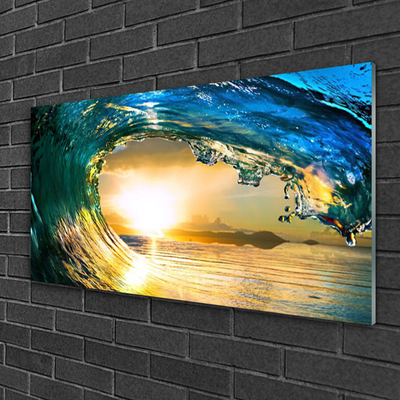 Image sur verre Tableau Vague mer coucher du soleil nature bleu jaune