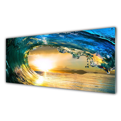 Image sur verre Tableau Vague mer coucher du soleil nature bleu jaune