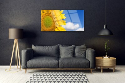 Image sur verre Tableau Tournesol nuages floral jaune or bleu
