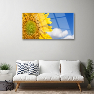 Image sur verre Tableau Tournesol nuages floral jaune or bleu