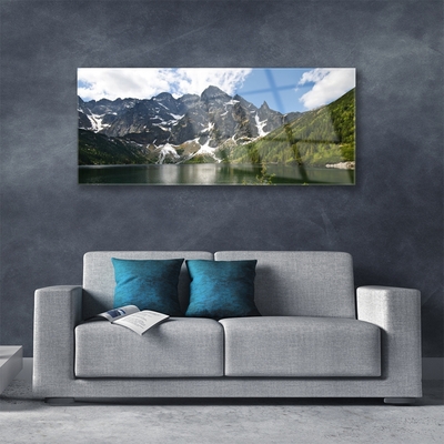 Image sur verre Tableau Montagne lac forêt paysage vert bleu blanc gris